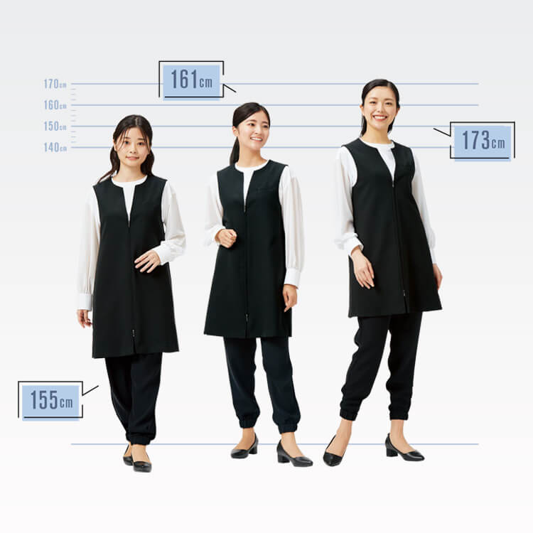 オフィスパンツ制服・レディース・カウンター業務・案内業務・端正な印象・接客制服・ジョガーパンツユニフォーム・ブラック
