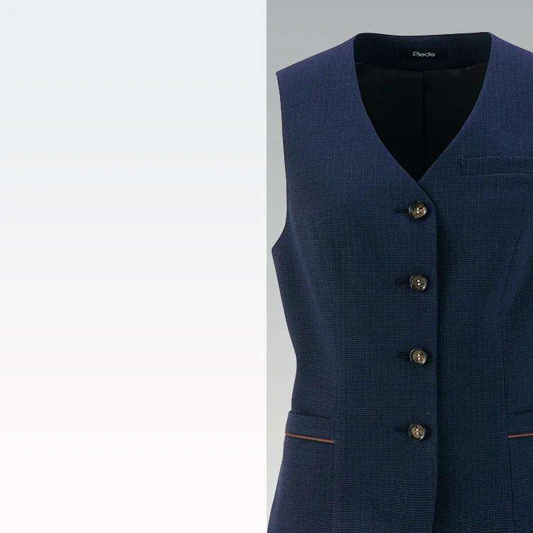 46011は配色パイピングと繊細チェックで華やかに見える事務服ベスト オールシーズン素材
