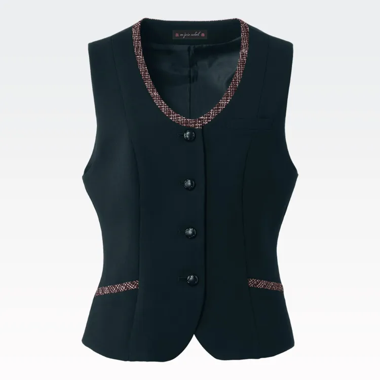 事務服ベスト チェック柄のパイピング オールシーズン素材 ストレッチ 受付制服 ジョア 11415-2