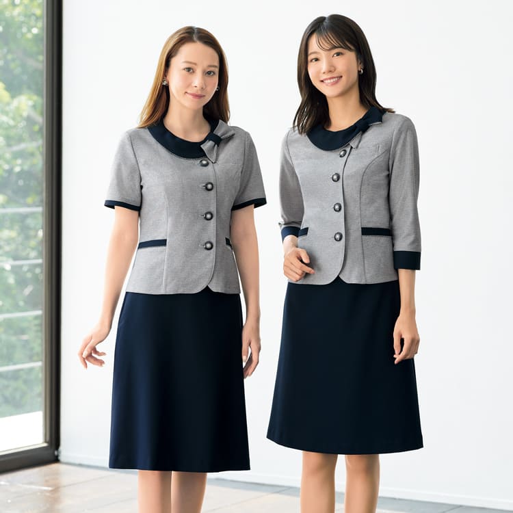 オフィス制服 七分袖 オーバーブラウス 二の腕カバーで上品な清涼素材 リバーシブルリボン付きで可愛い人気の事務服
