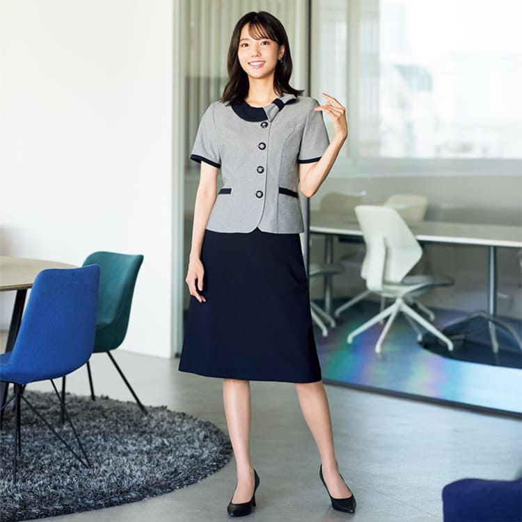 オフィス制服 Aラインスカート オールシーズン対応 ウール調の風合いで高級感がありストレッチと後ろゴムで長時間も楽な人気事務服