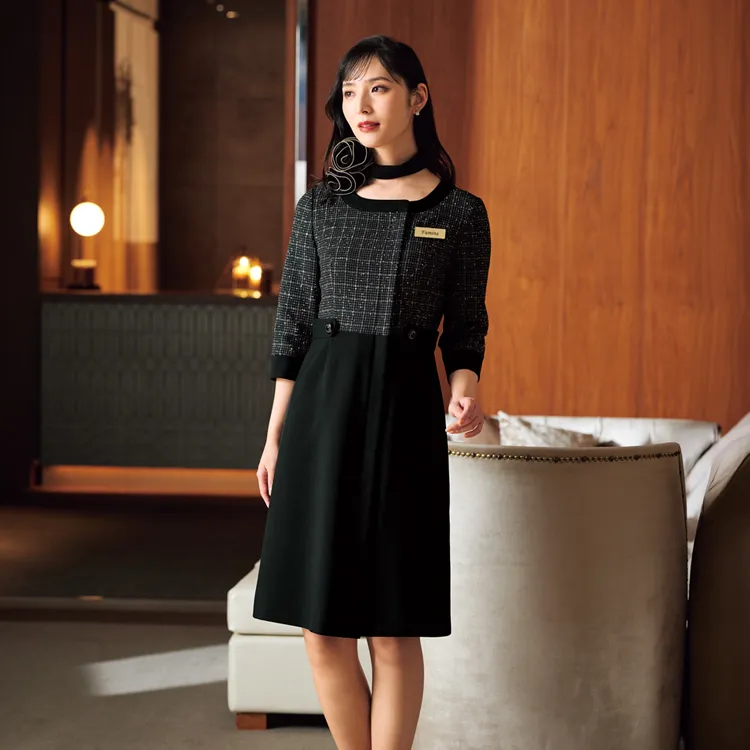 おしゃれなホテル制服 アンジョア オフィス制服 ワンピース ラメ入り 上品なツイード素材 ストレッチ