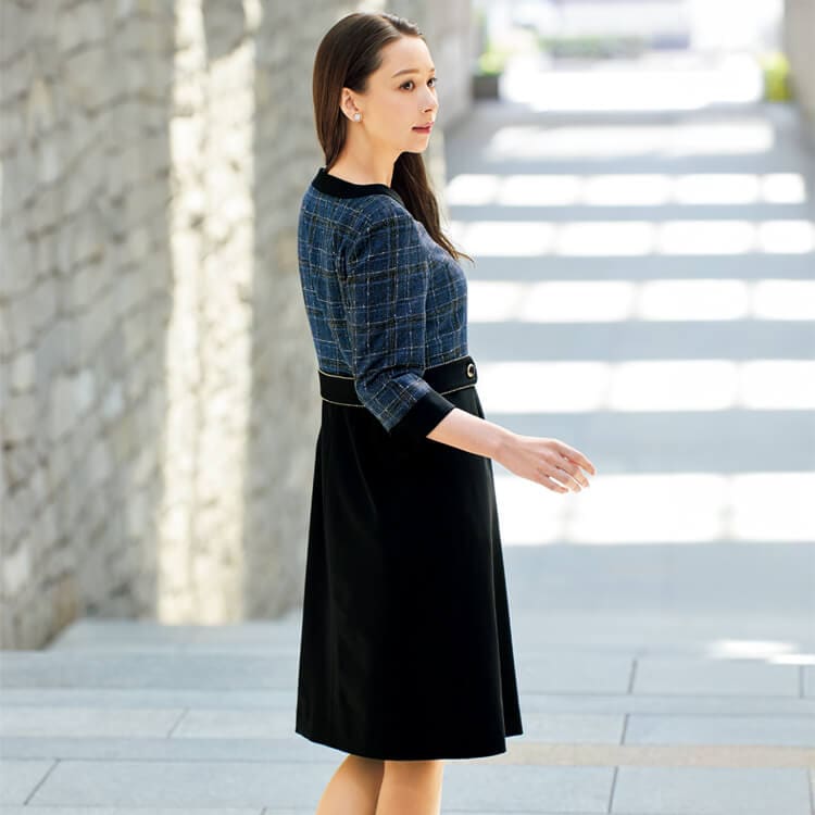 ワンピース事務服・オフィス接客・接客業制服・上品・きれい見え・ショールーム向け・eユニフォーム