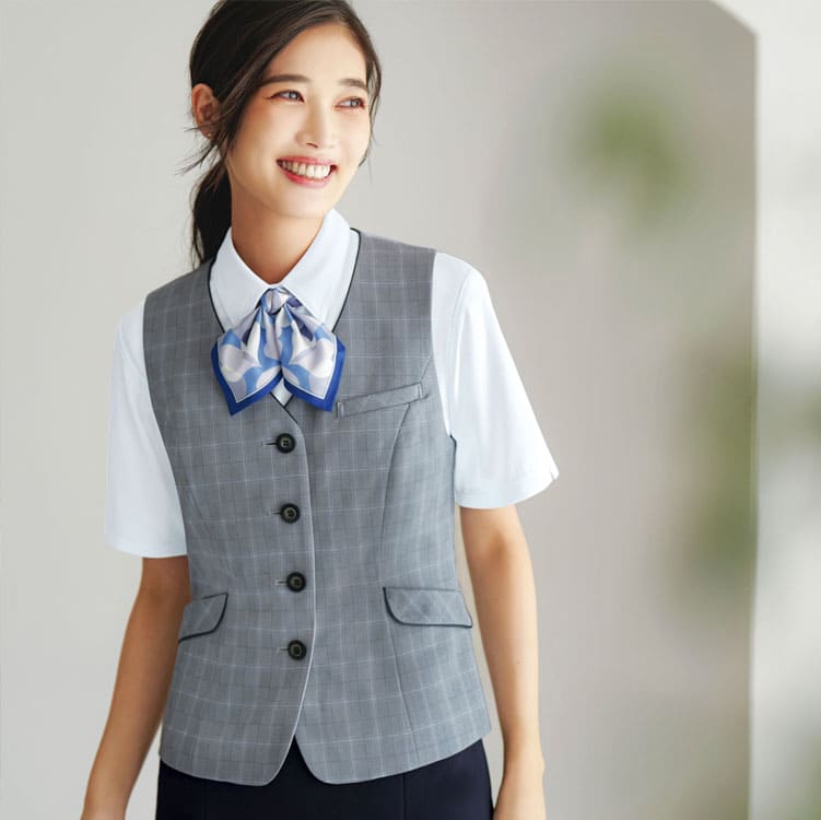 オフィス制服 ベスト｜ENJOY (カーシーカシマ) ESV1030。夏向き 明るい配色でおしゃれなチェック柄の最新夏服。吸汗速乾素材でさらりと快適な着心地の事務用ベスト eユニフォーム