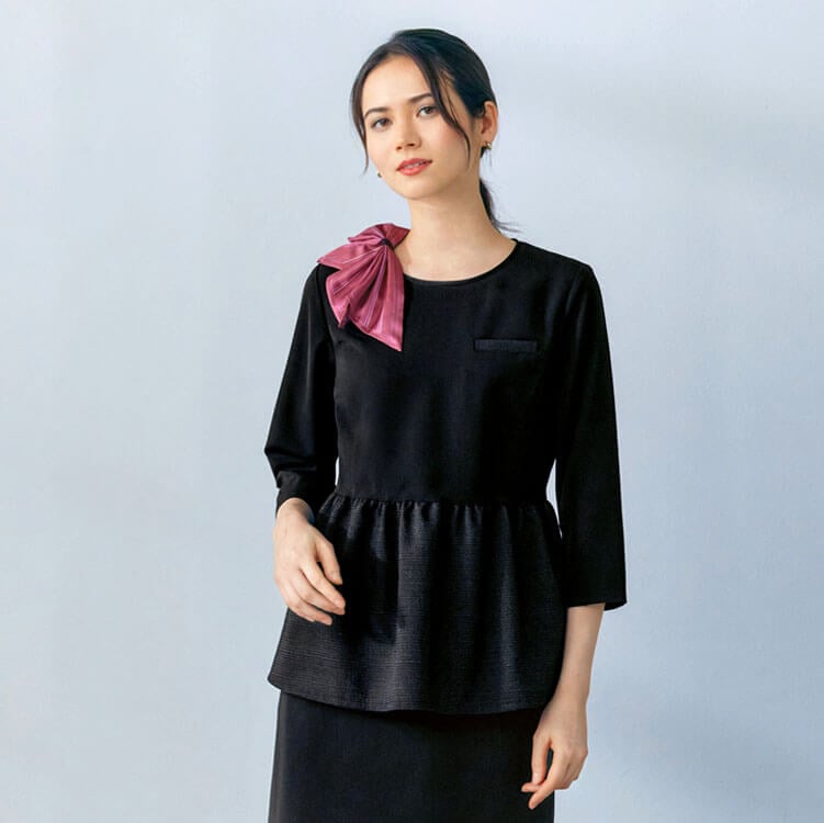 事務服プルオーバー七分袖・ホテル受付・ショールーム制服・上品デザイン