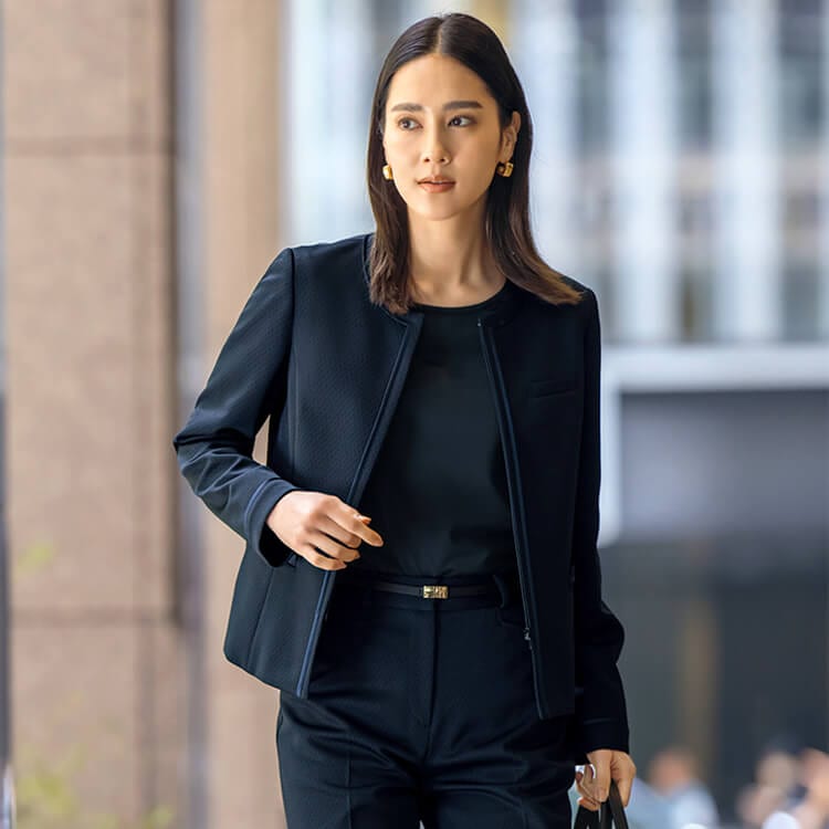 事務服ジャケット sel2527｜ノーカラー ニット素材 オフィス制服【セロリー】