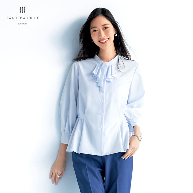 事務服 九分袖 フリル ブラウス 73272｜セロリー（Selery）。上品なフリルデザインが可愛いジェーンパッカーの最新モデル。ストライプ柄でおしゃれな人気のオフィス制服 eユニフォーム
