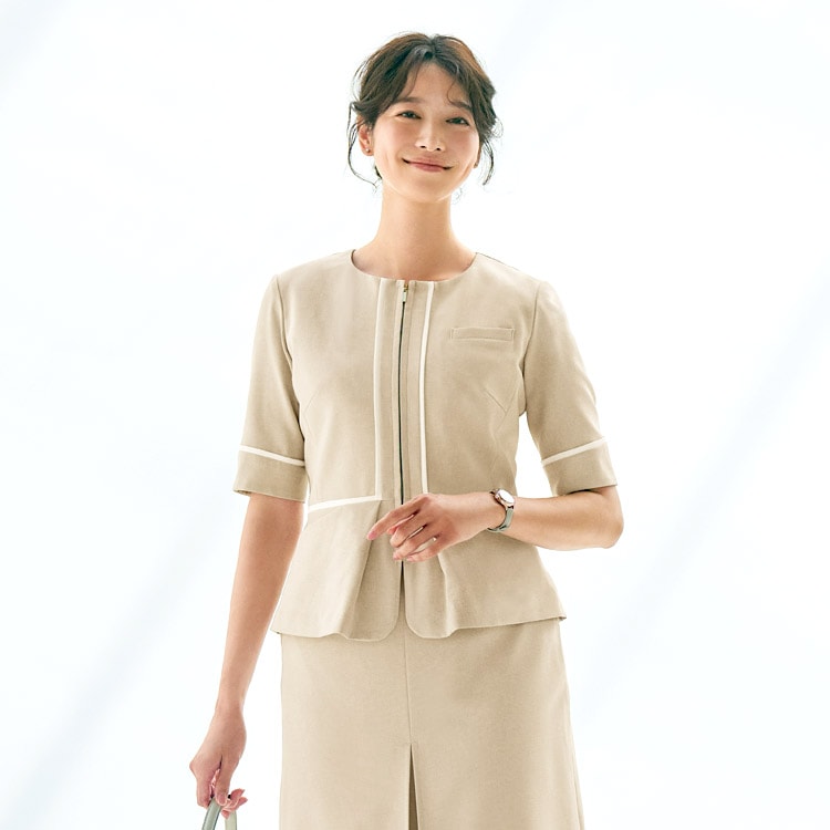 接客制服 半袖ジャケット U22150 ヤギコーポレーション（UNILADY） 麻ライクな清涼素材と2WAYストレッチで快適。夏場の受付やサービス業に最適なノーカラーデザイン eユニフォーム