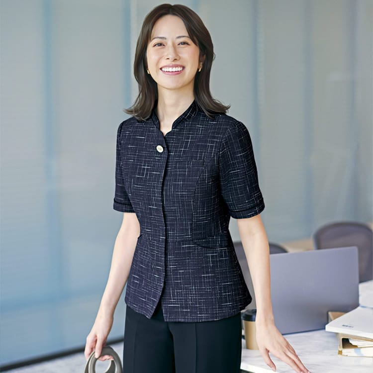 事務服 U22650 UNILADY ヤギコーポレーション 半袖ジャケット 尾州織サマーツイード 軽量ストレッチ 夏服で涼しい可愛いおしゃれな人気のオフィスウェア eユニフォーム