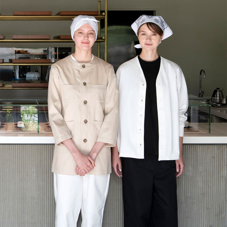 男女兼用・ショップコート・飲食店・サービススタッフ・制電・制菌・ストレッチ・業務用制服【e-UNIFORM】