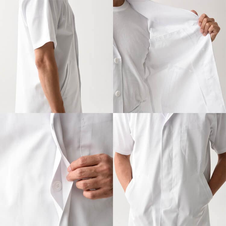 調理用白衣コート 厨房制服・半袖白衣コート・綿100％・寿司職人ユニフォーム・清潔感・イーユニフォーム