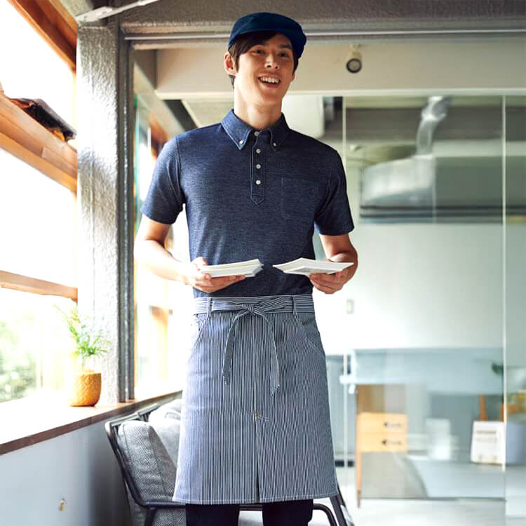 爽やかなヒッコリー柄ミドル丈エプロン・ショップ店員/スイーツショップに似合う軽やかなデザイン