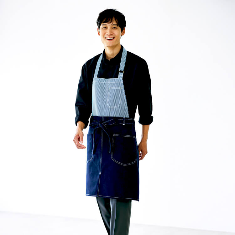 環境配慮型素材・コンパクト収納・胸当て兼腰下の2WAYエプロン・個性的な切替デザイン・飲食店向けスタイリッシュ制服・eユニフォーム