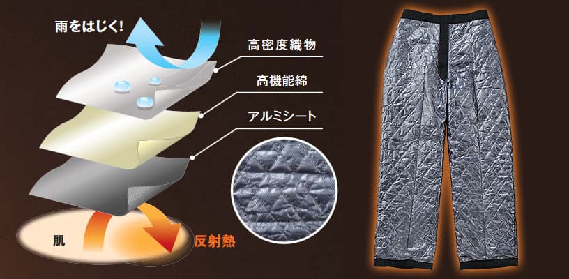 作業服　裏アルミロングパンツ（w-bib-8382）は、保温抜群！軽くて暖かい構造です。