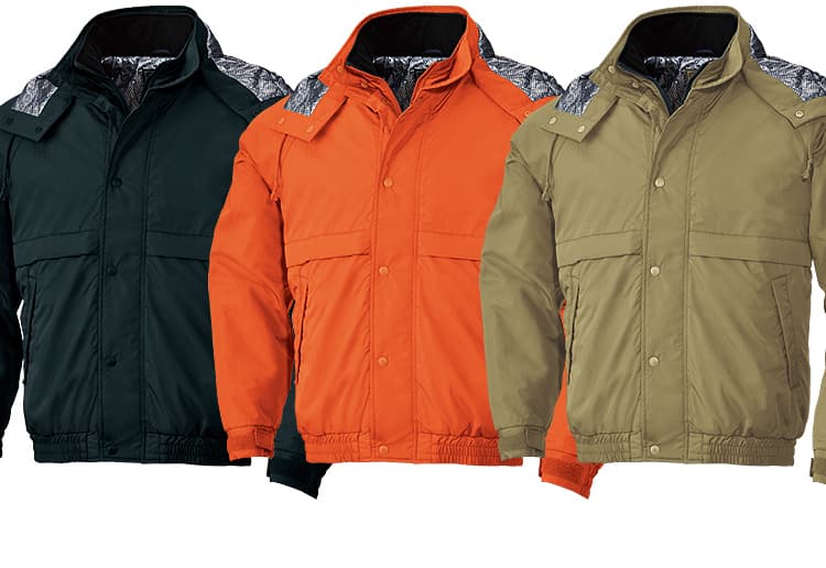 作業服　裏アルミジャケット（w-bib-8386）の色は、ブラック、オレンジ、オリーブ、グリーン、ネイビーブラック、レッド、ブルー、ネイビー、パープルグレーとなっています