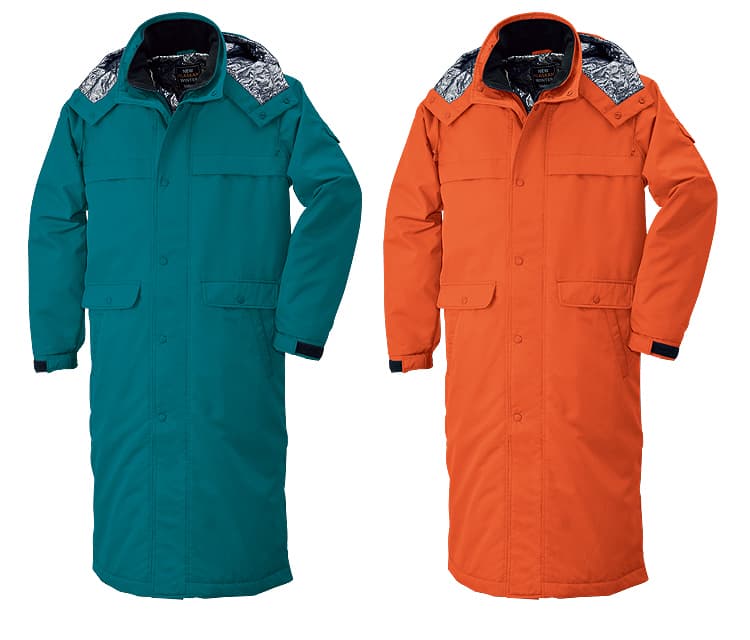 作業服　スーパーロングコート（w-bib-8389）の色は、グリーン、オレンジ、ネイビー、パープルグレー、ブルー、レッドとなっています