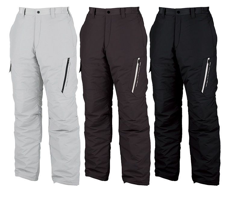 作業服防寒ズボンの色は、シルバーグレー、コゲチャ、ブラックとなっています