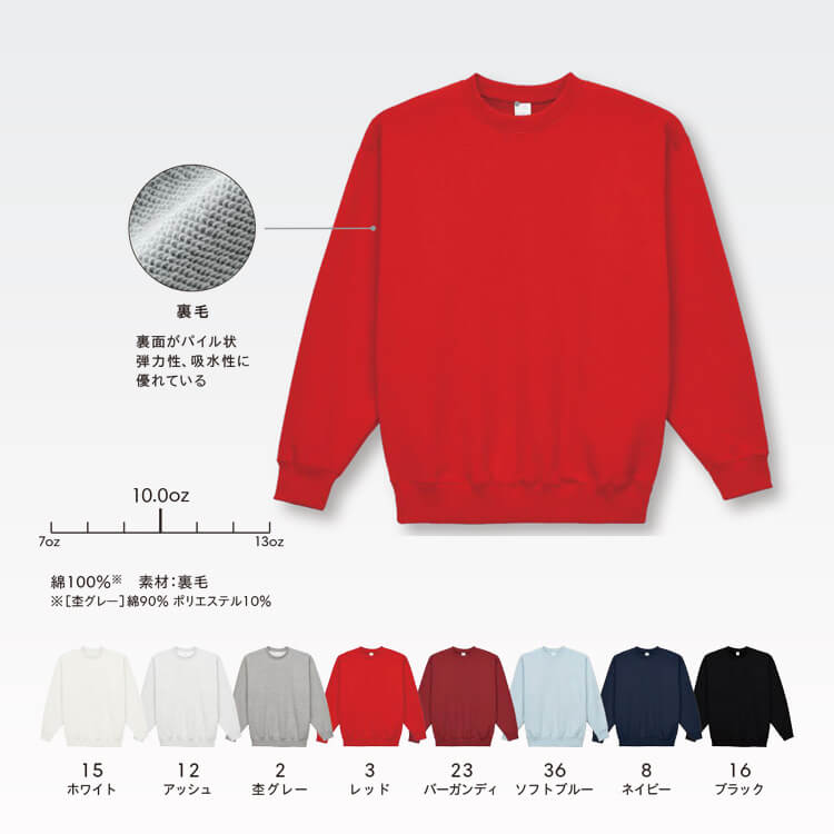 作業着・丈夫で動きやすい・スウェット・トレーナー・カラー展開・グレー・レッド・ネイビー・ホワイト・ブラック・ワイン・ブルー