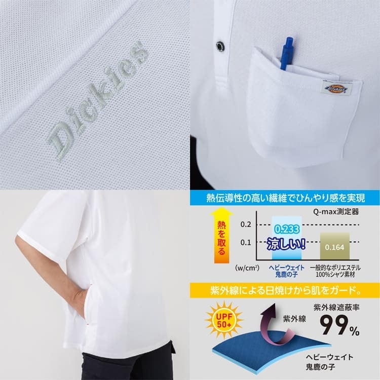 リラックスフィットで動きやすく、消臭テープやポケットなど機能性も充実したDickiesの長袖ポロシャツ。
