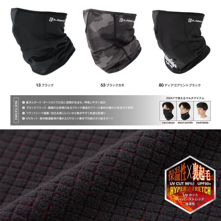 ネックウォーマー・防寒グッズ・裏起毛・作業服・ブラックカラー・迷彩柄・おしゃれ作業アイテム・男女兼用