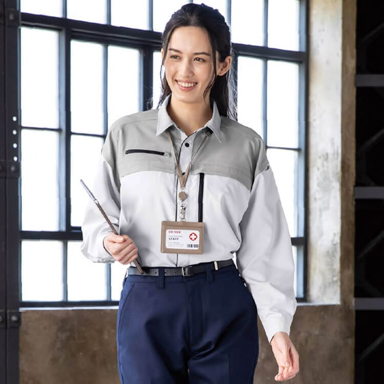 SDGs作業服・長袖シャツ・エコ・裏綿・ストレッチ・軽量・製造工場ユニフォーム・エコマーク認定