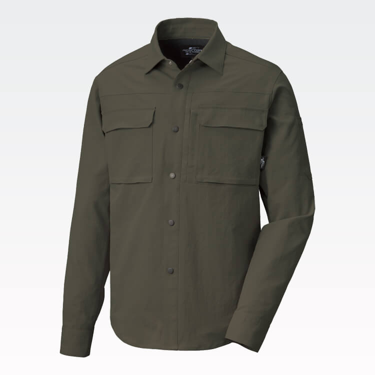 ストレッチ素材の作業着長袖シャツ｜男女兼用・現場作業に最適なユニフォーム【RE22519】