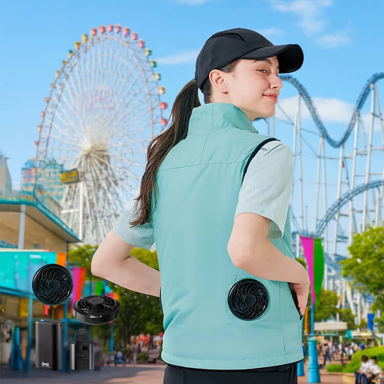 空調服 迷ったらこれ｜セロリー 70235 フルセット。清掃スタッフやイベント運営に最適なカラーのおしゃれなファン付きベスト。スリムファン搭載で動きやすく、夏の接客現場に最適な2026定番モデル レディース対応 eユニフォーム