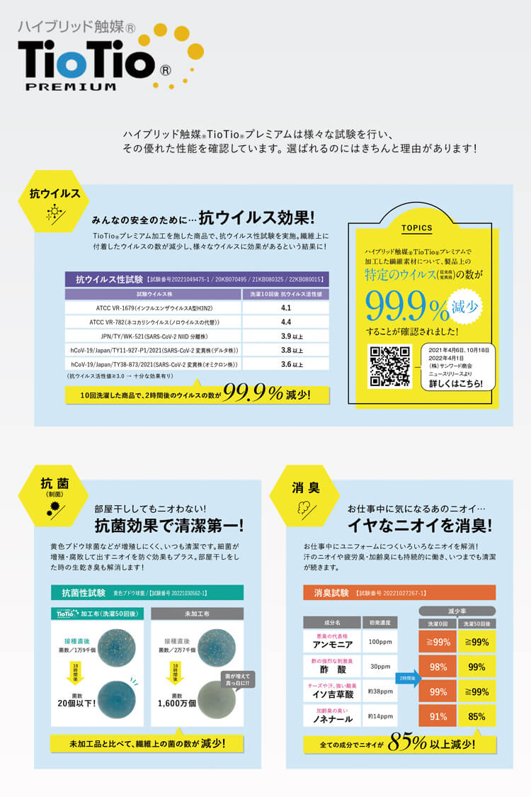 24時間ニオイを分解・部屋干しでも臭わない・敏感肌にも優しい清潔加工・菌の増殖を抑える作業制服