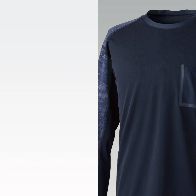 遮熱メガクール加工とアイスエア素材で真夏でも涼しい作業着長袖Tシャツ。空調服の下に着るウェア