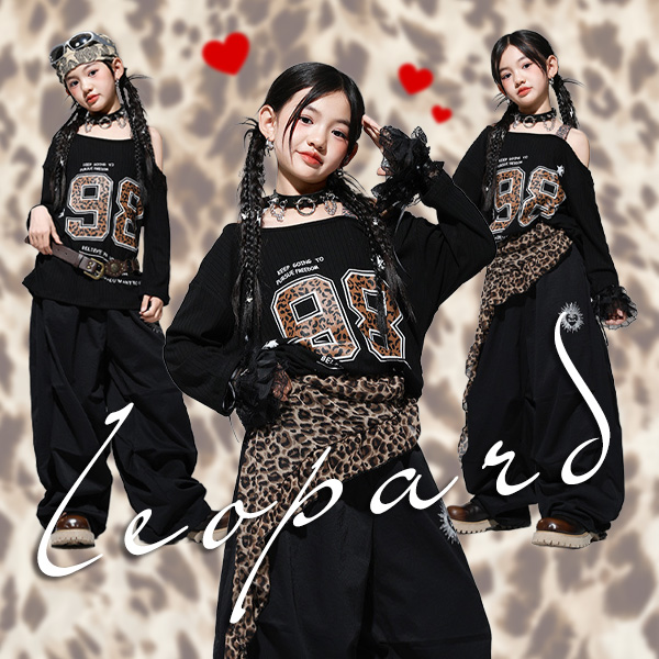 ガールズダンス衣装PICKUPITEMブラックヒョウ柄長袖ロングパンツセット
