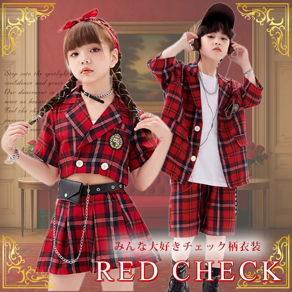 男女ミックス衣装PICKUPITEMレッドチェックジャケット半袖スカートハーフパンツセット