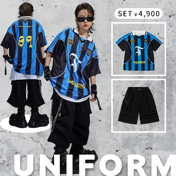 ユニセックスダンス衣装PICKUPITEMブルーブラックストライプ半袖ユニフォームハーフパンツセット