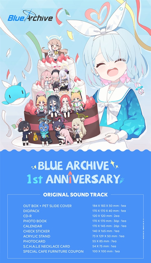 韓国音楽 ブルーアーカイブ -Blue Archive- 1周年記念 OST  (2CD+フォトブック36P+卓上用カレンダー+チェックステッカー+アクリルスタンド+フォトカード7種+S.C.H.A.L.E  カード+スペシャルカフェ家具クーポン)＋ポスター筒-韓流ショップ