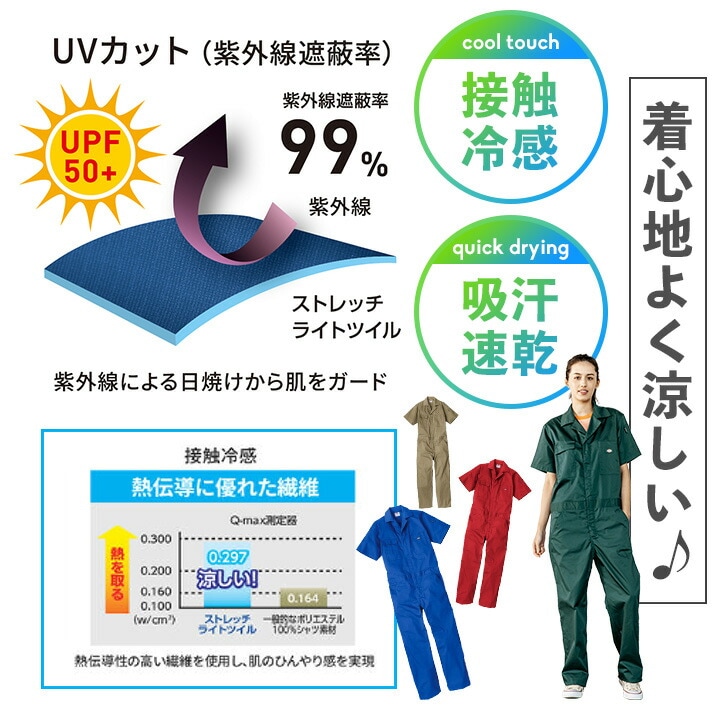 ディッキーズ 半袖ツナギ D-6702 軽量 接触冷感 吸汗速乾 UVカット 春