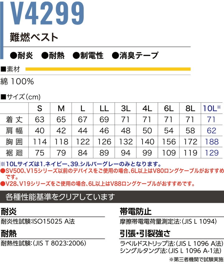 即日発送】HOOH 快適ウェア 難燃シリーズ ベスト V4299 バックファン