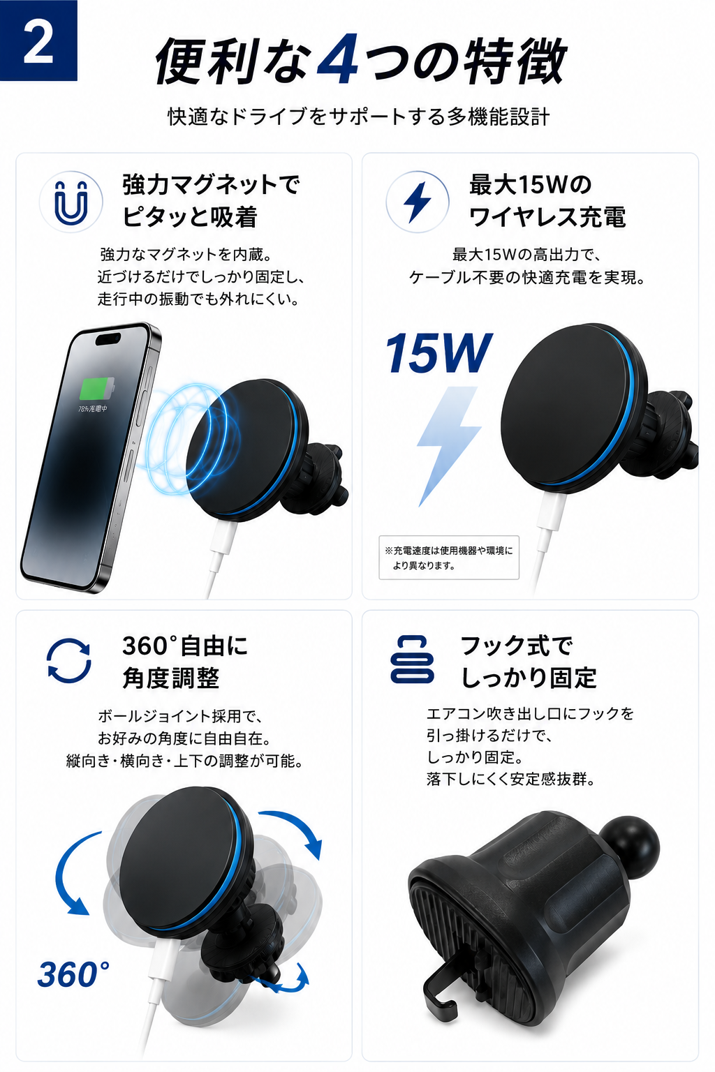 M6 車載ワイヤレス充電器 便利な4つの特徴