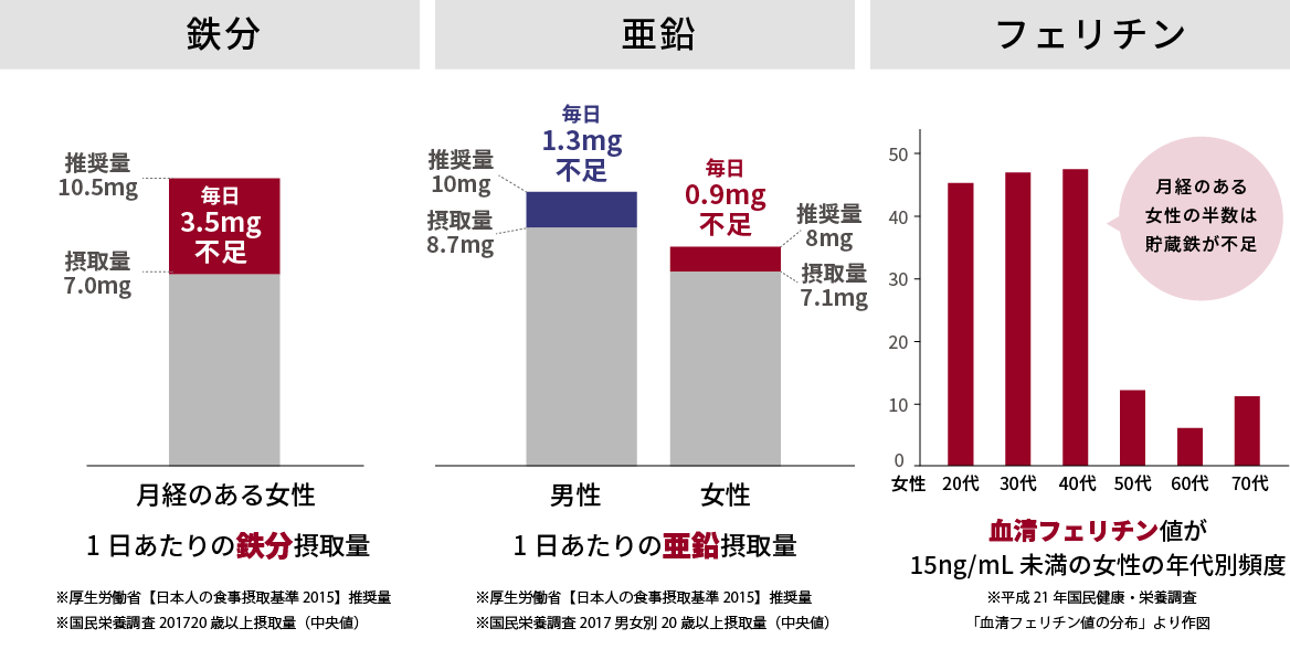 鉄分・亜鉛の摂取量・血清フェリチンの不足量グラフ