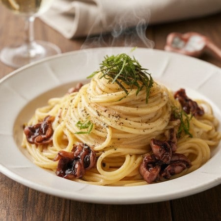 いかの塩辛の濃厚クリームパスタ