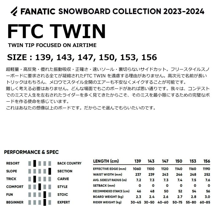 23-24 FANATIC ファナティック FTC TWIN ポップキャンバー ツイン