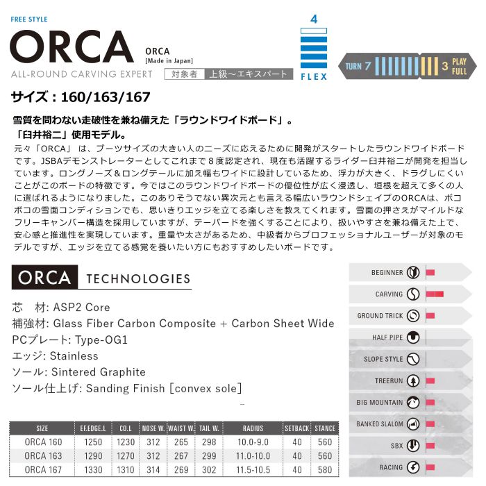 23-24 OGASAKA ORCA 160 / 163 / 167 臼井裕二使用モデル ラウンドワイドボード 国産 カービング オガサカ オルカ  11200582 スノーボード 板 2024モデル正規品-スノーボード（キッズ）・サーフィンの専門店｜DREAMY