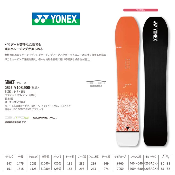 24-25 YONEX ヨネックス GRACE グレース GR24 オレンジ スノーボード 板 147/151  正規品-スノーボード・サップ・サーフィン・スケートボードの