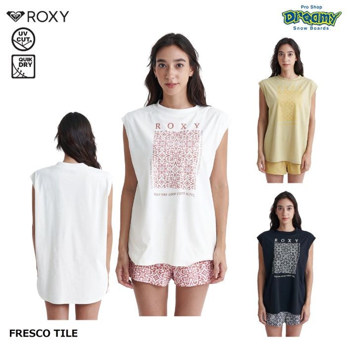 ROXY ロキシー FRESCO TILE RLY242011 ラッシュガード Tシャツ 速乾 UVカット ワイドロングシルエット  メキシカンタイルモチーフ ロゴ スイムウェア 水着 正規品-スノーボード・サーフ・スケートの専門店 DREAMY