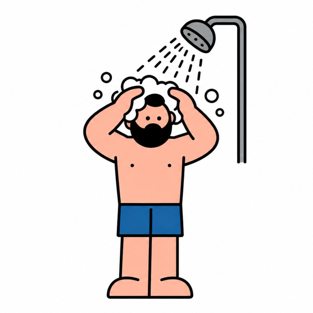 シャワーで頭を洗う男性のイラスト