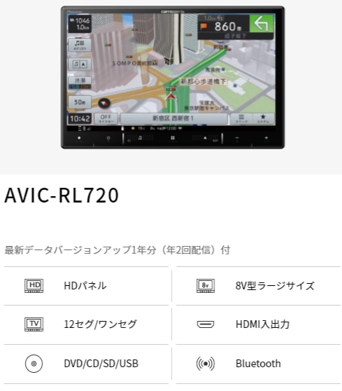 AVIC-RL720 カロッツェリア パイオニア 楽ナビ 8V型HD ラージサイズ ...