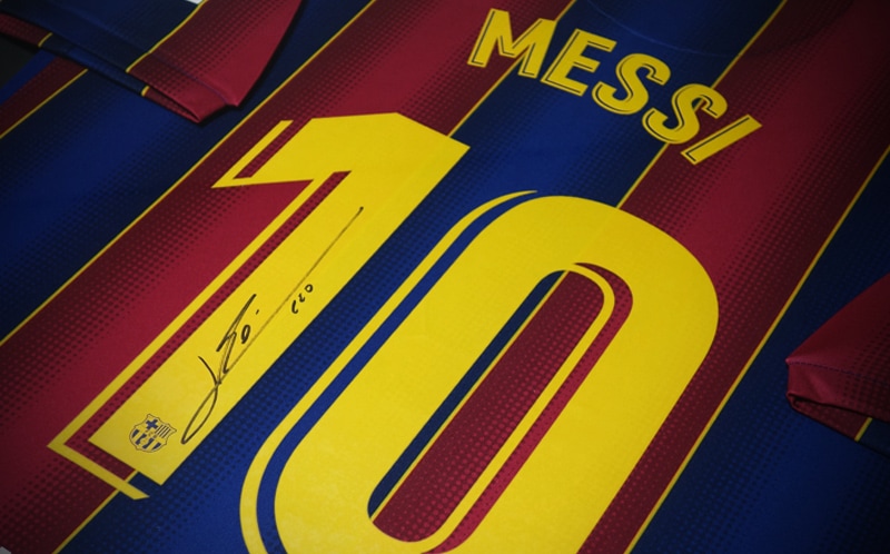 Image of Messi signed Barcelona home shirt from his final 20-21 season