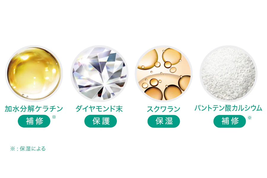 4種の有用成分（ケラチン・ダイヤモンド末・スクワラン・パントテン酸カルシウム）