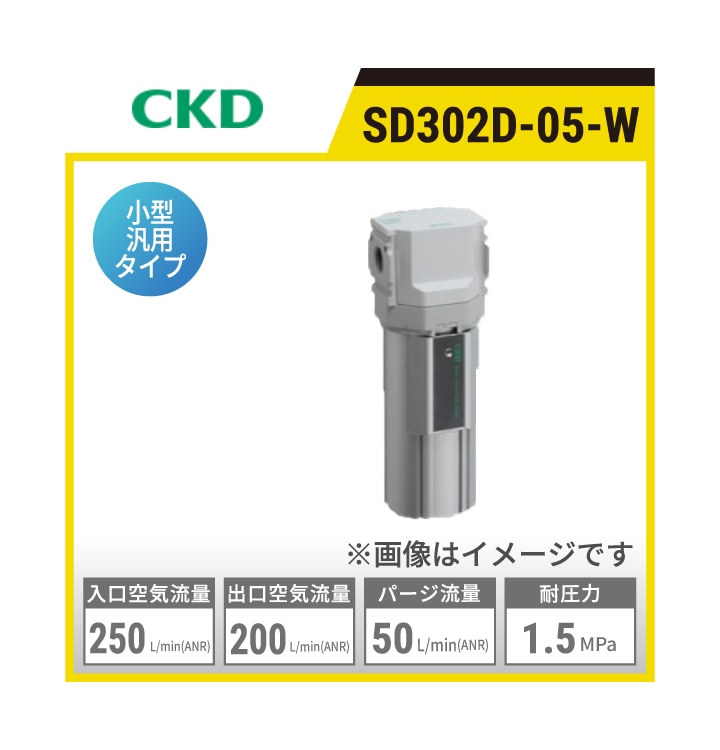 SD302D-05-W CKD 高分子膜式エアドライヤ スーパードライヤ | 小型汎用タイプ 入口空気流量:250L/min(ANR) 出口空気流量:200L/min(ANR) パージ流量:50L/min(ANR) 
