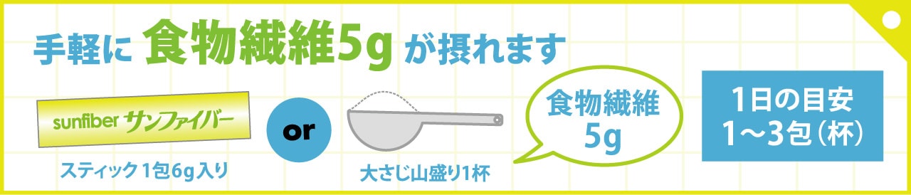 手軽に食物繊維5gが撮れます。スティック1包6g入りor大さじ山盛り1杯 食物繊維5g 1日の目安1〜3包(杯)