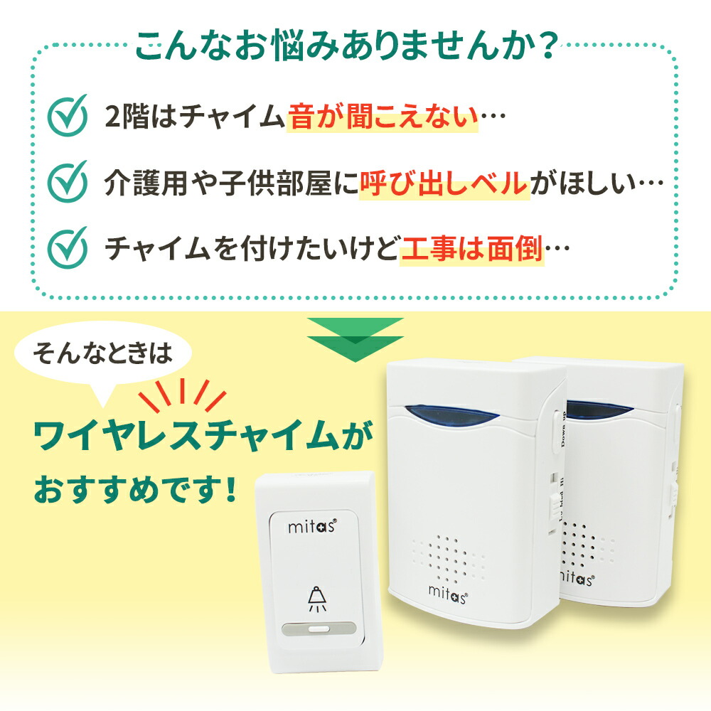 チャイム ワイヤレス ワイヤレスインターフォン 送信機1台 受信機2台