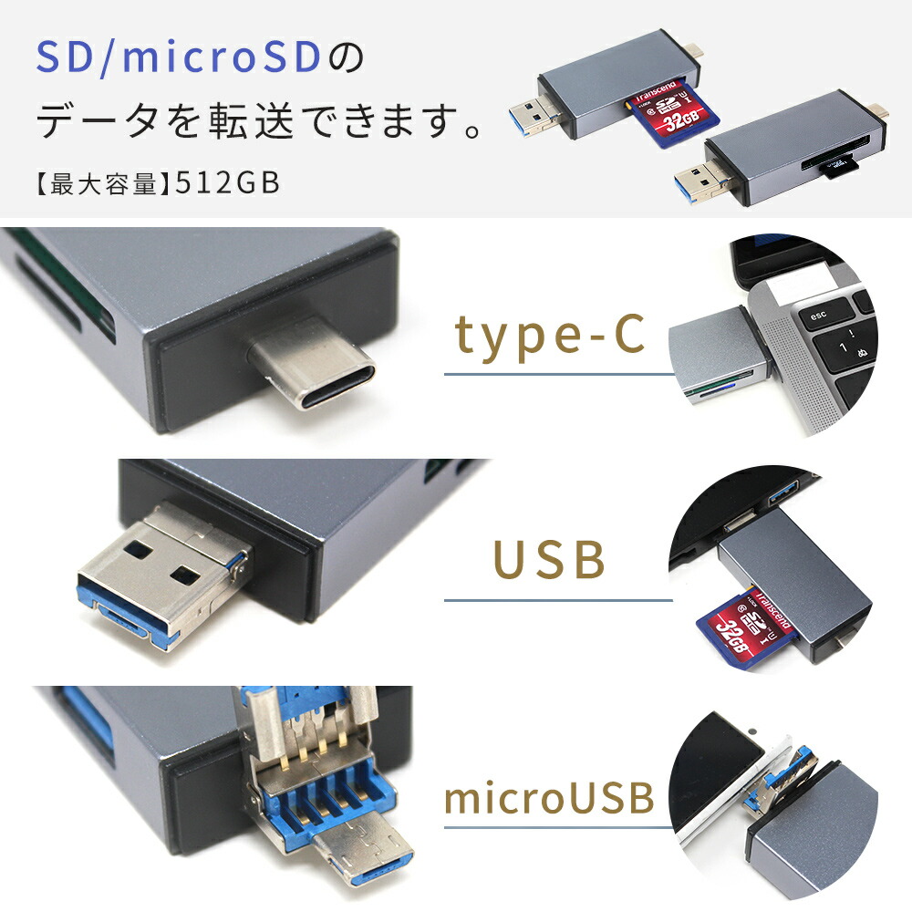 Type-C カードリーダー 6in1 USB タイプc microUSB usb3.0 usbポート ハブ hub SD MicroSD 対応  TypeC 2ポート PC SDカード マルチカードリーダー microSDカード コンパクト メモリ移行 PC画像 移行 USBハブ データ転送  TN-XP85 | PC・スマホ雑貨